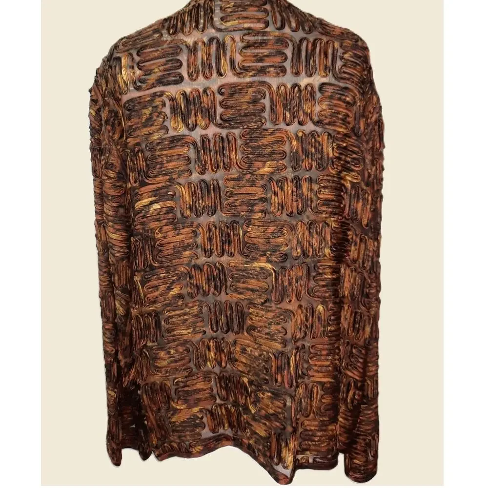 Chicos Silk Soutache Ribbon Jacket Brown Gold Open Front Cardigan Textured Sz L